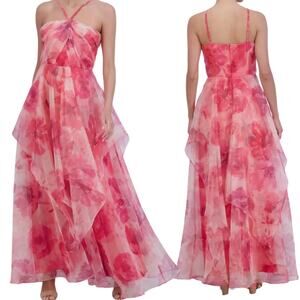 Eliza J Pink Floral Halter Chiffon Maxi Dress Gown Womens 8 Prom Homecoming Boho